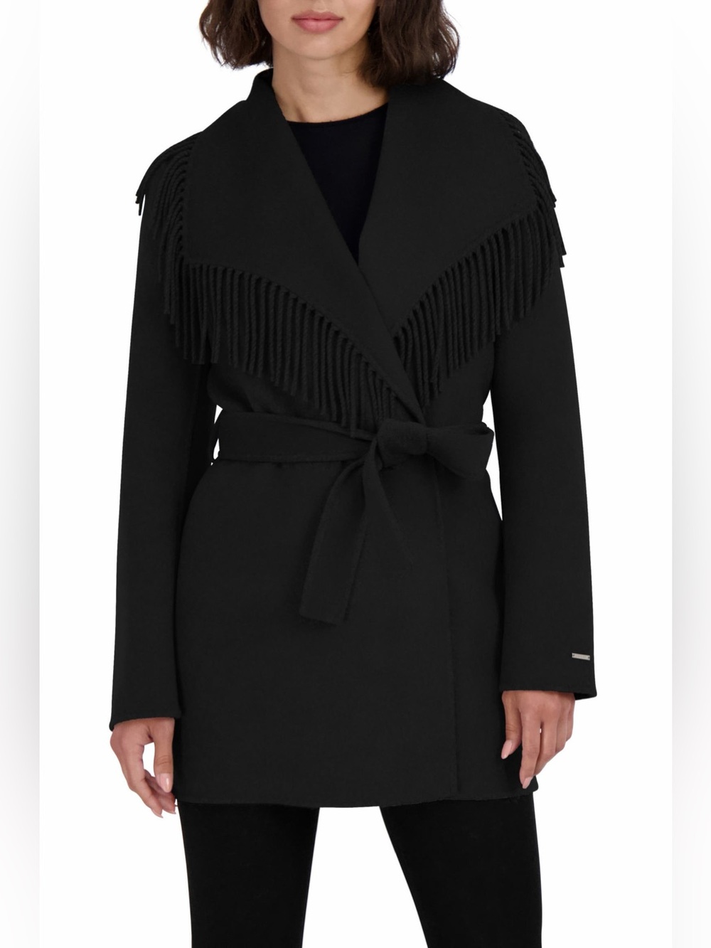 TAHARI Black Fringe Wool Wrap Coat Western Coastal Jacket L Shawl Collar Fall